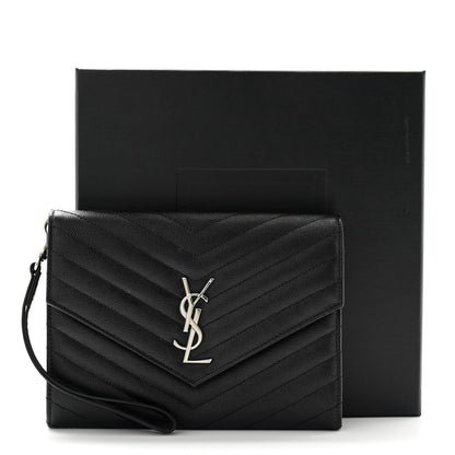 Saint Laurent Grain De Poudre Matelasse Chevron Monogram Envelope Clutch Black 8 of 8