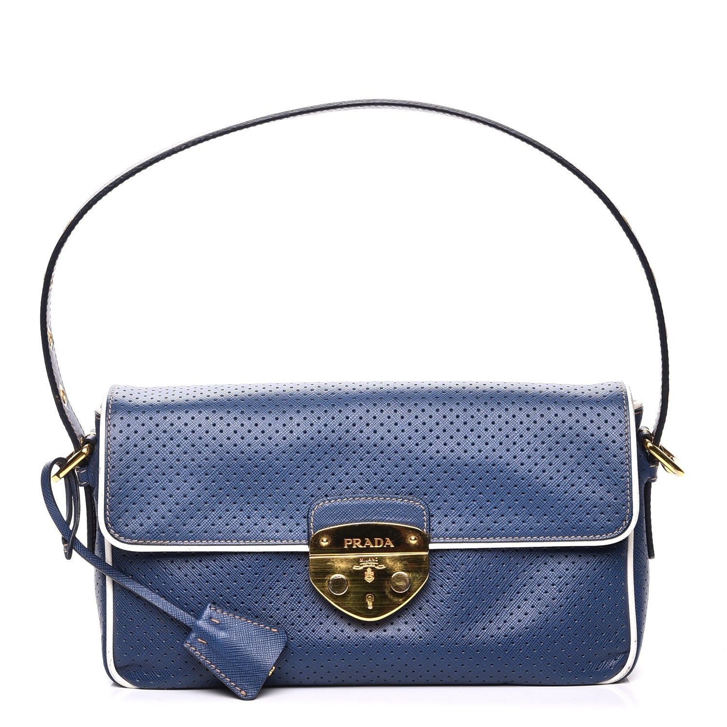 Prada Saffiano Perforated Pushlock Flap Bag Blue 1 of 7