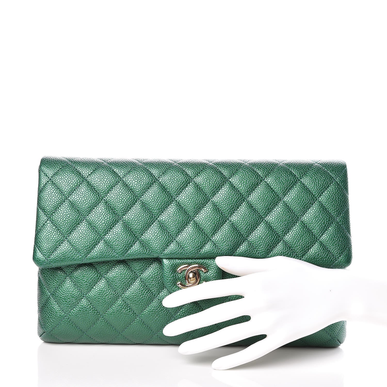 Chanel Metallic Caviar Quilted Flap Clutch Green 2 of 9