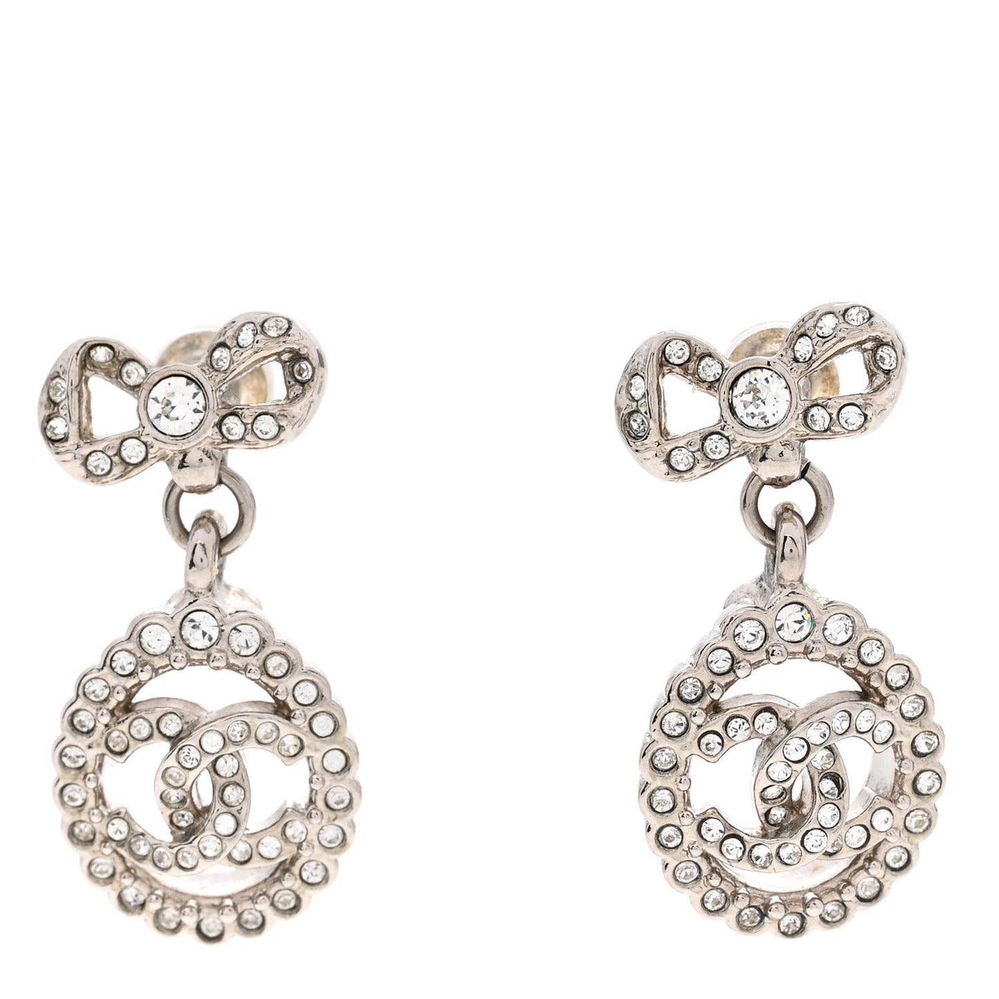 Crystal CC Bow Round Drop Earrings Silver
