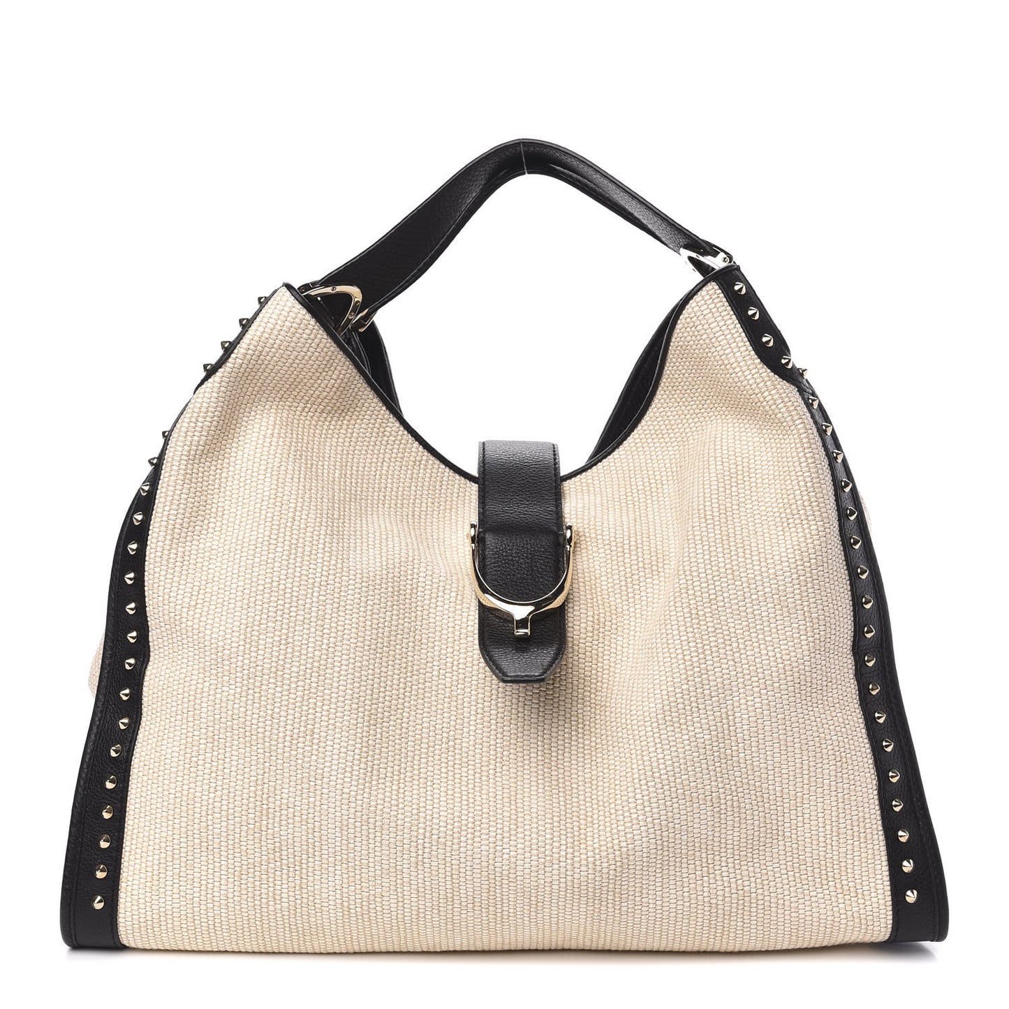 Canvas Calfskin Studded Large Soft Stirrup Shoulder Bag White Black