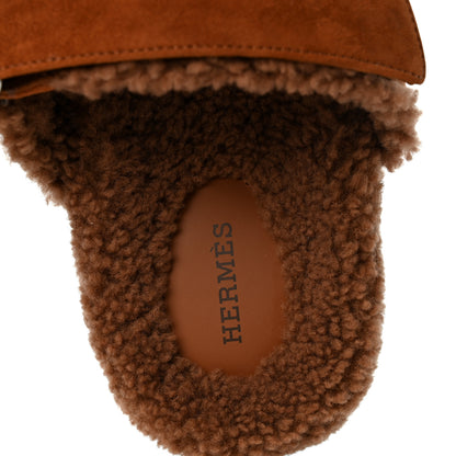 Hermes Suede Goatskin Shearling Womens Chypre Sandals 38.5 Gold 7 of 9