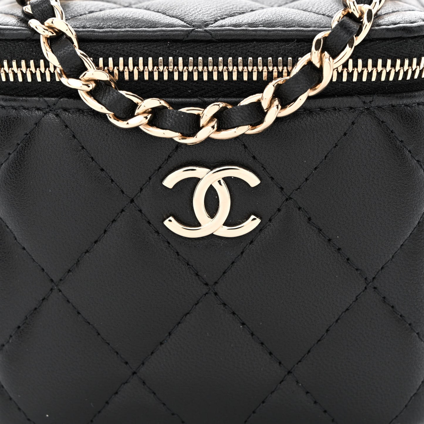 Lambskin Quilted Top Handle Mini Vanity Case With Chain Black