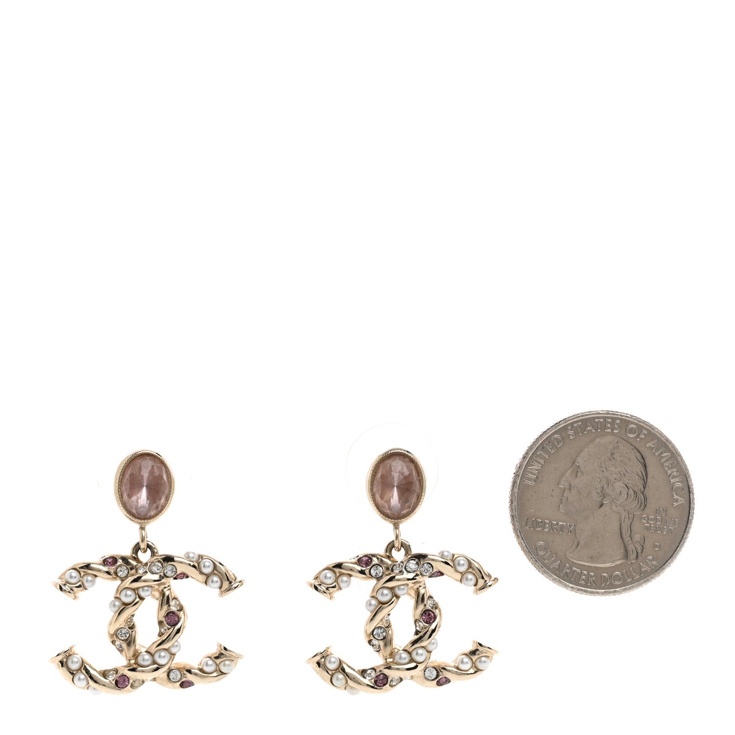 Chanel Crystal Pearl CC Drop Earrings Pink Gold 2 of 5