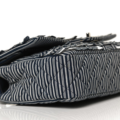 Chanel Canvas Sequin Stripe Medium Double Flap Navy Blue 10 of 12