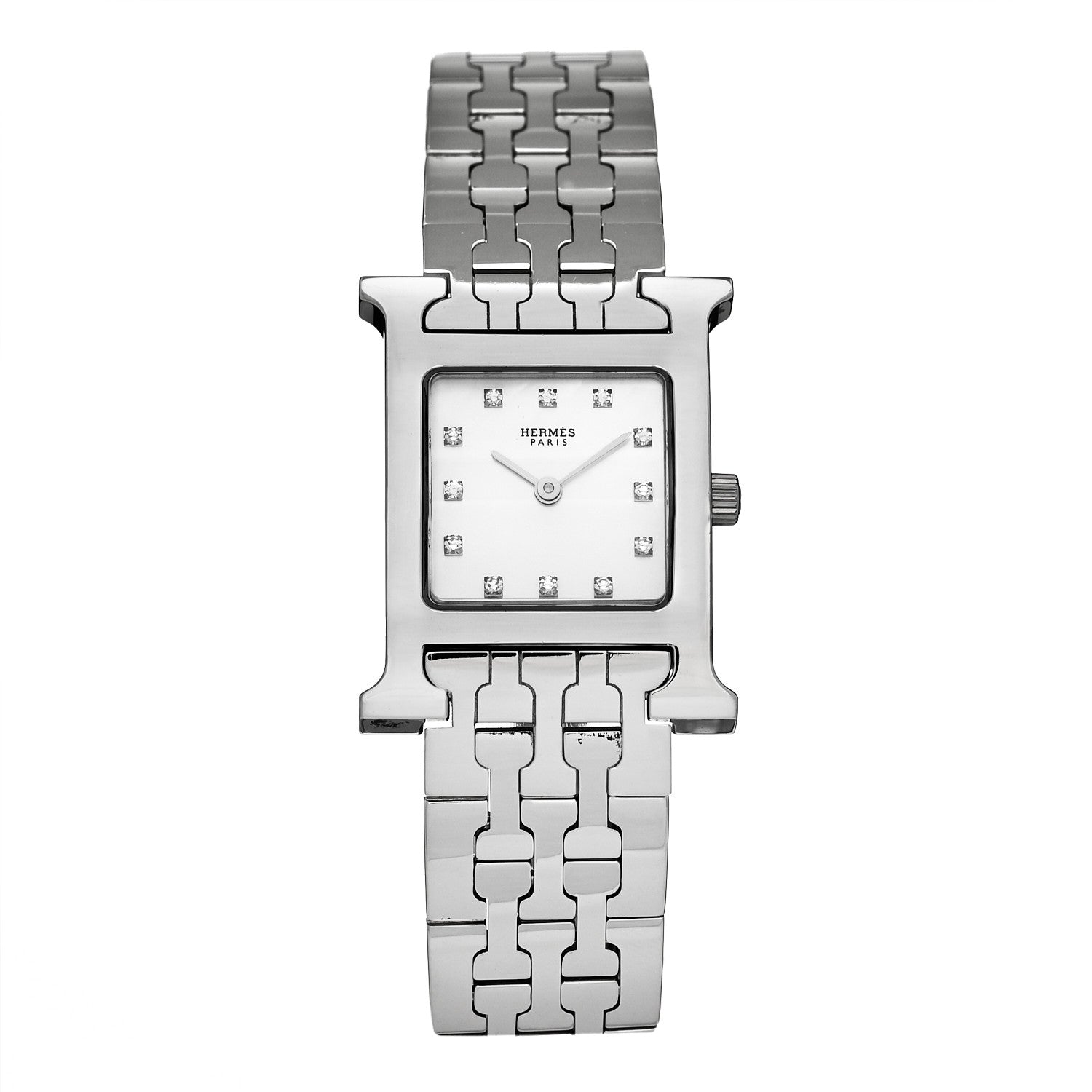 Hermes Stainless Steel Diamond Mother of Pearl 21mm Heure H Hour Quartz Watch 1 of 4