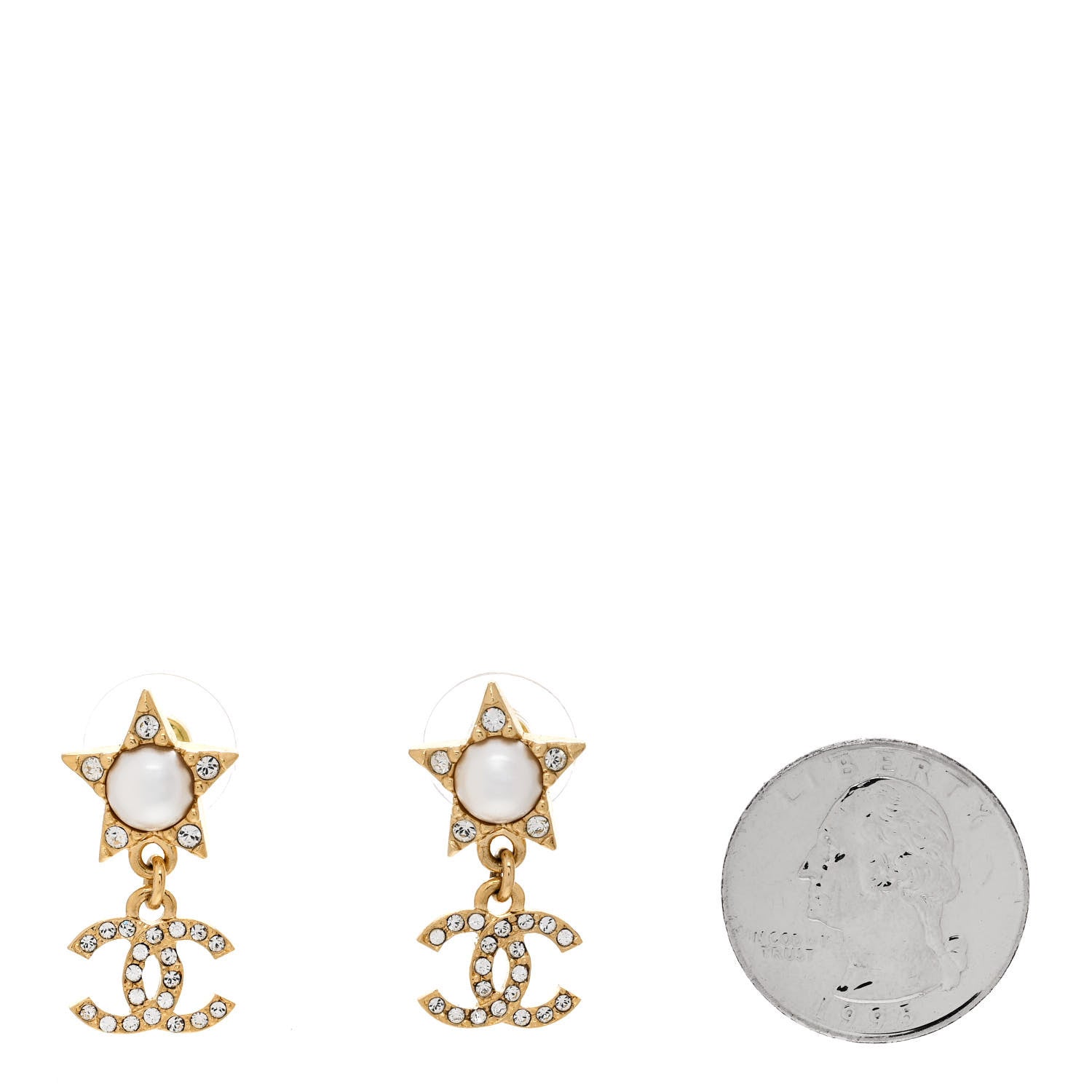 Chanel Crystal Pearl CC Star Drop Earrings Gold 2 of 5