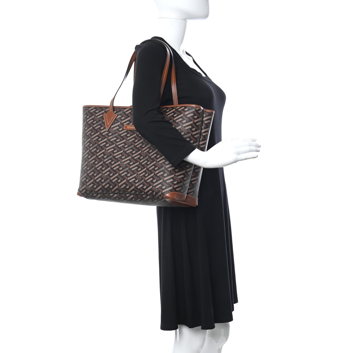 Coated Canvas Calfskin La Greca Signature Shopper Tote Bag Black Caramel