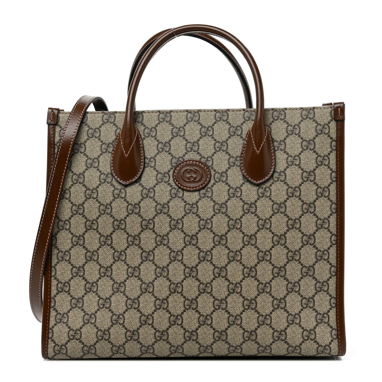 GG Supreme Monogram Azalea Calfskin Small Retro Interlocking G Tote Bag Beige Ebony Brown Sugar