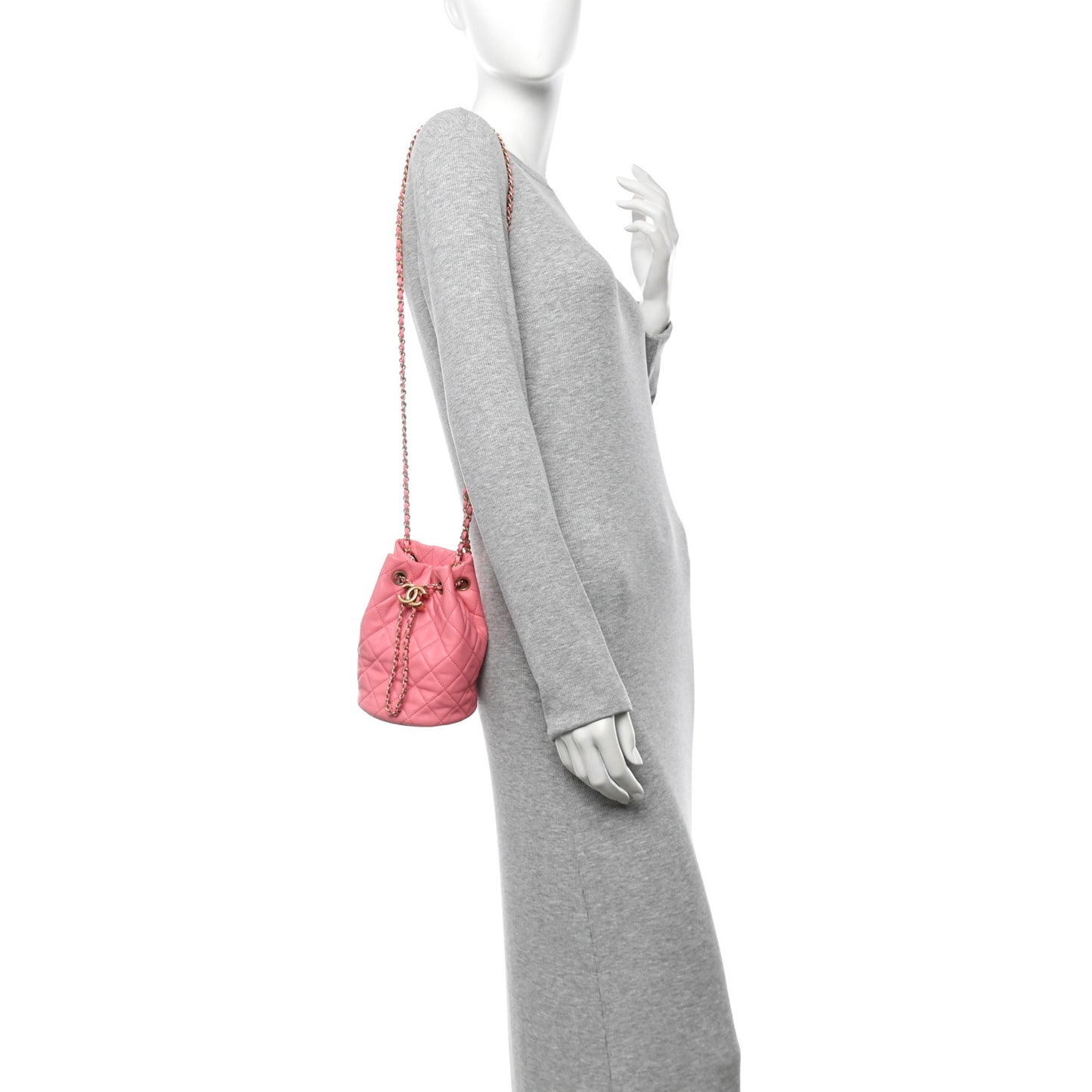 Lambskin Quilted Pearl Crush Drawstring Bag Pink