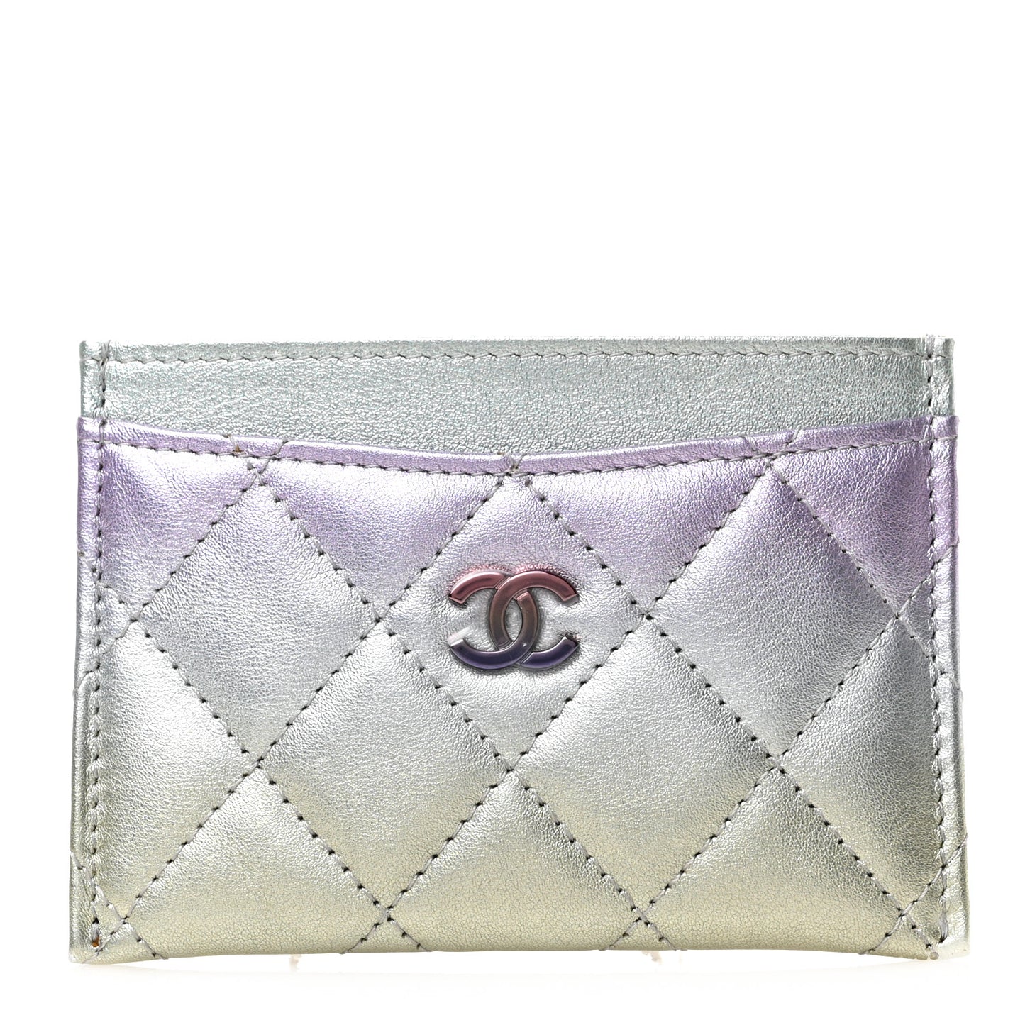 Gradient Metallic Calfskin Quilted Card Holder Silver Blue Yellow Purple