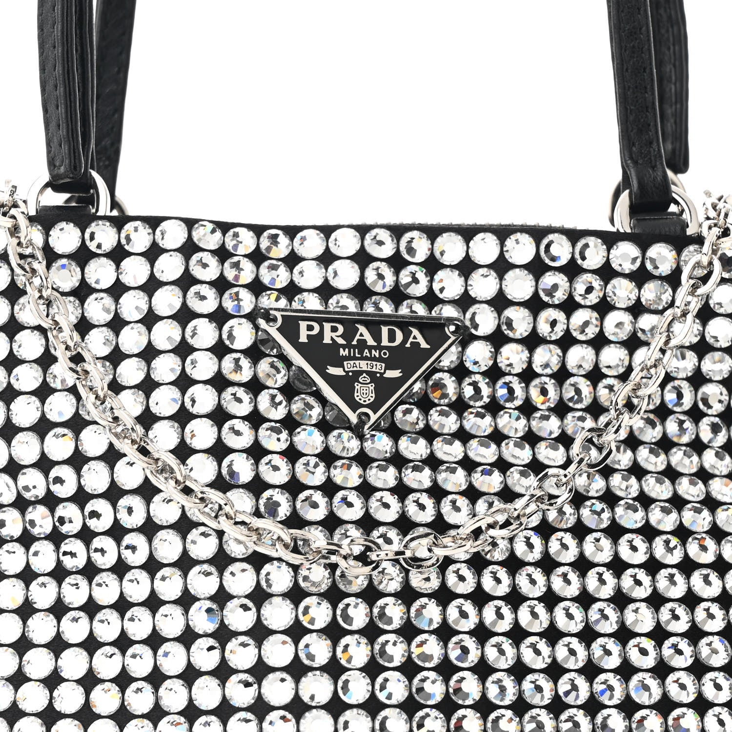 Prada Satin Crystal Metal Triangle Logo Chain Crossbody Handbag Cristal 8 of 10
