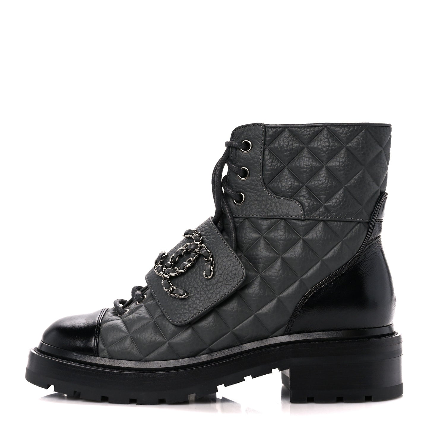Calfskin Shiny Calfskin Quilted Lace Up Combat Boots 35 Dark Grey Black