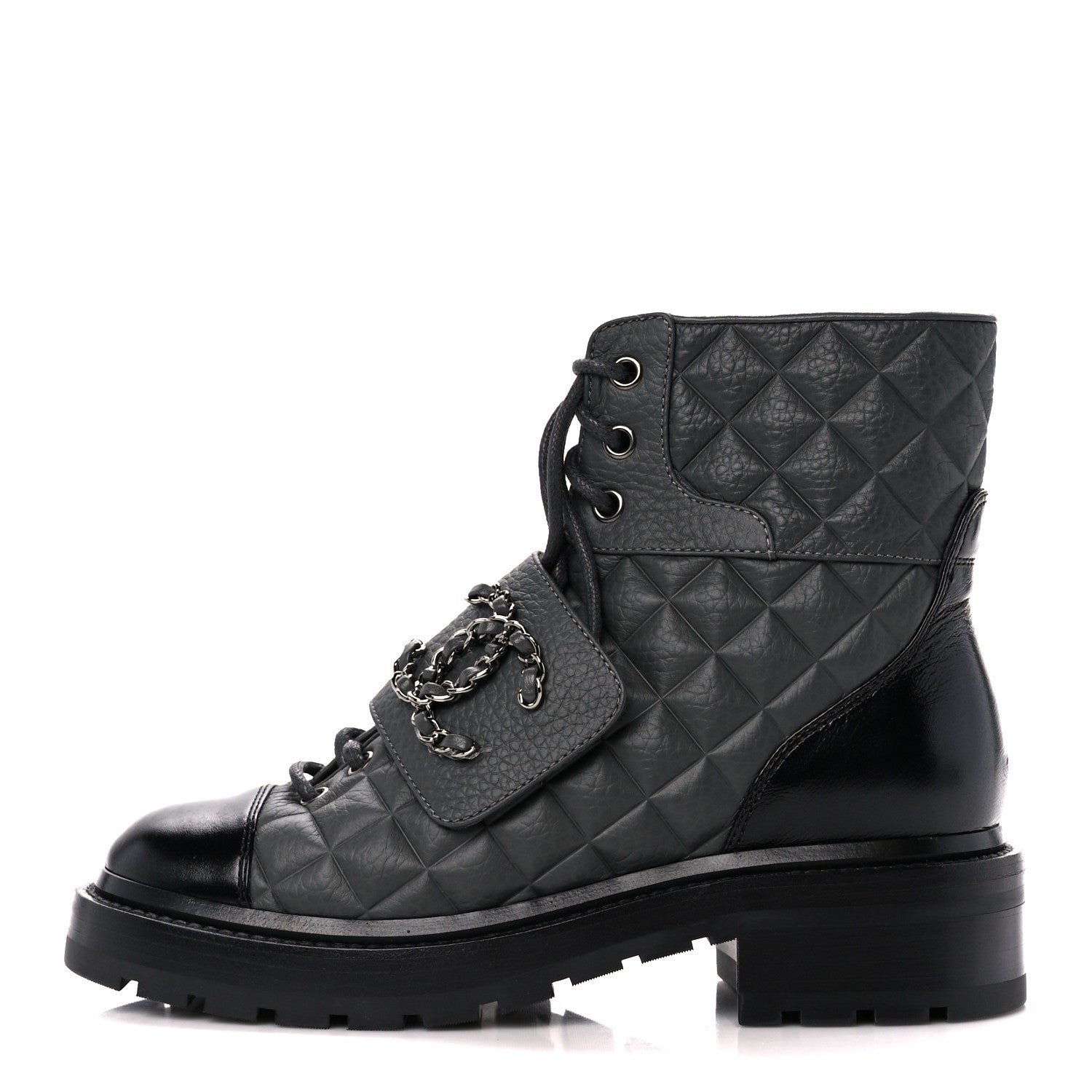 Chanel Calfskin Shiny Calfskin Quilted Lace Up Combat Boots 35 Dark Grey Black 1 of 10