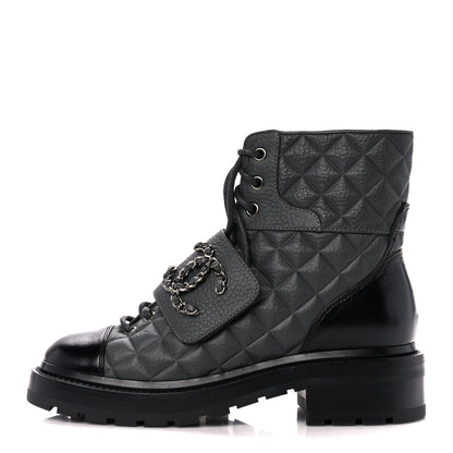 Chanel Calfskin Shiny Calfskin Quilted Lace Up Combat Boots 35 Dark Grey Black 1 of 10