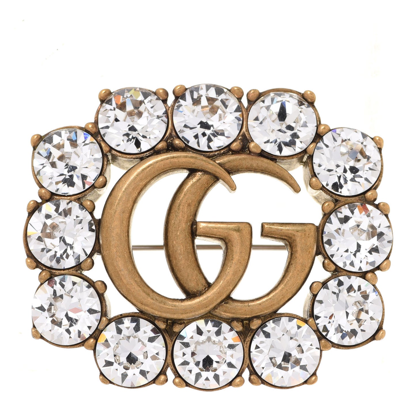 Metal Crystal Double G Brooch Aged Gold