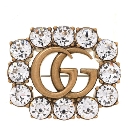 Gucci Metal Crystal Double G Brooch Aged Gold 1 of 4