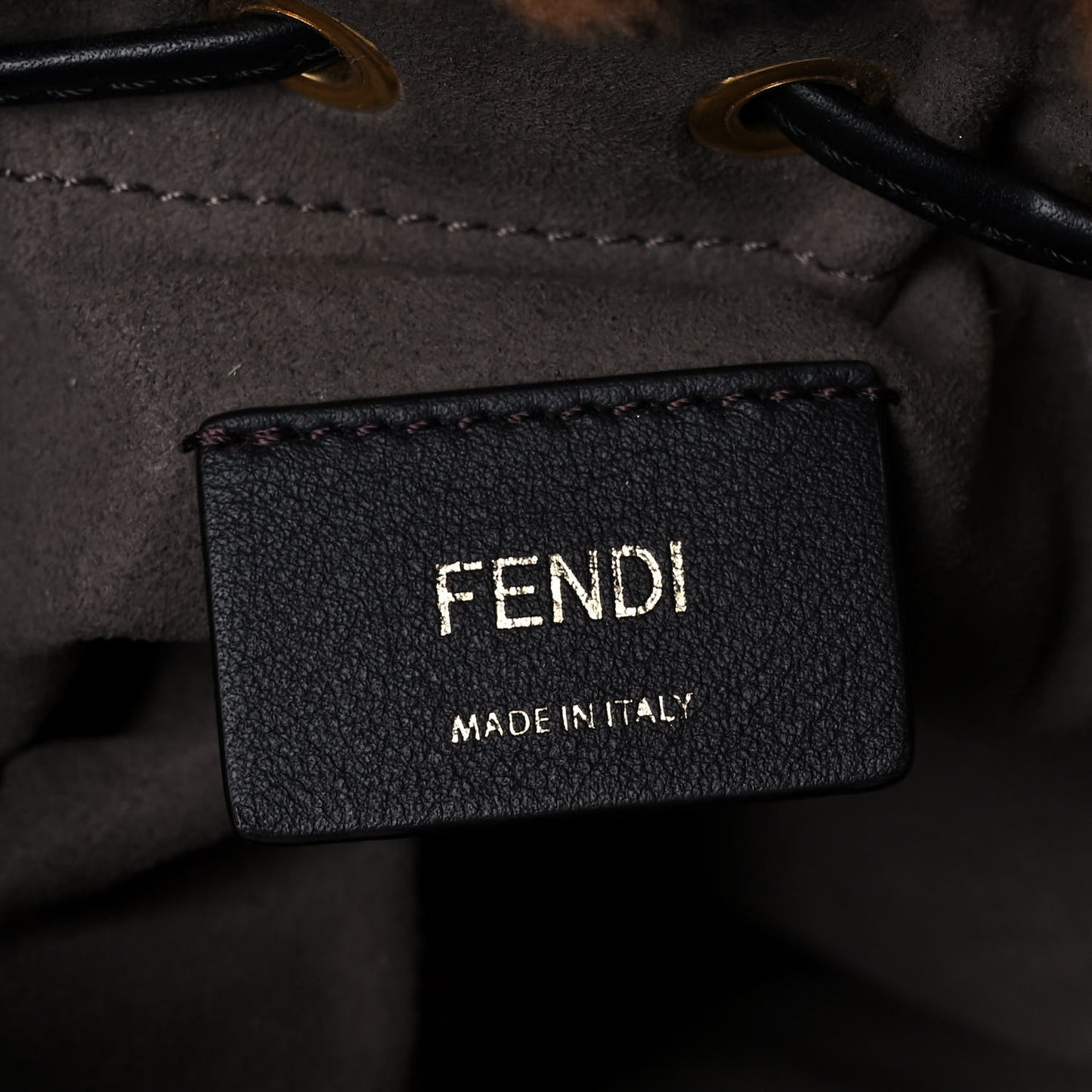 Shearling Vitello Dolce F is Fendi Macro FF 1974 Mini Mon Tresor Bucket Bag Tobacco Black