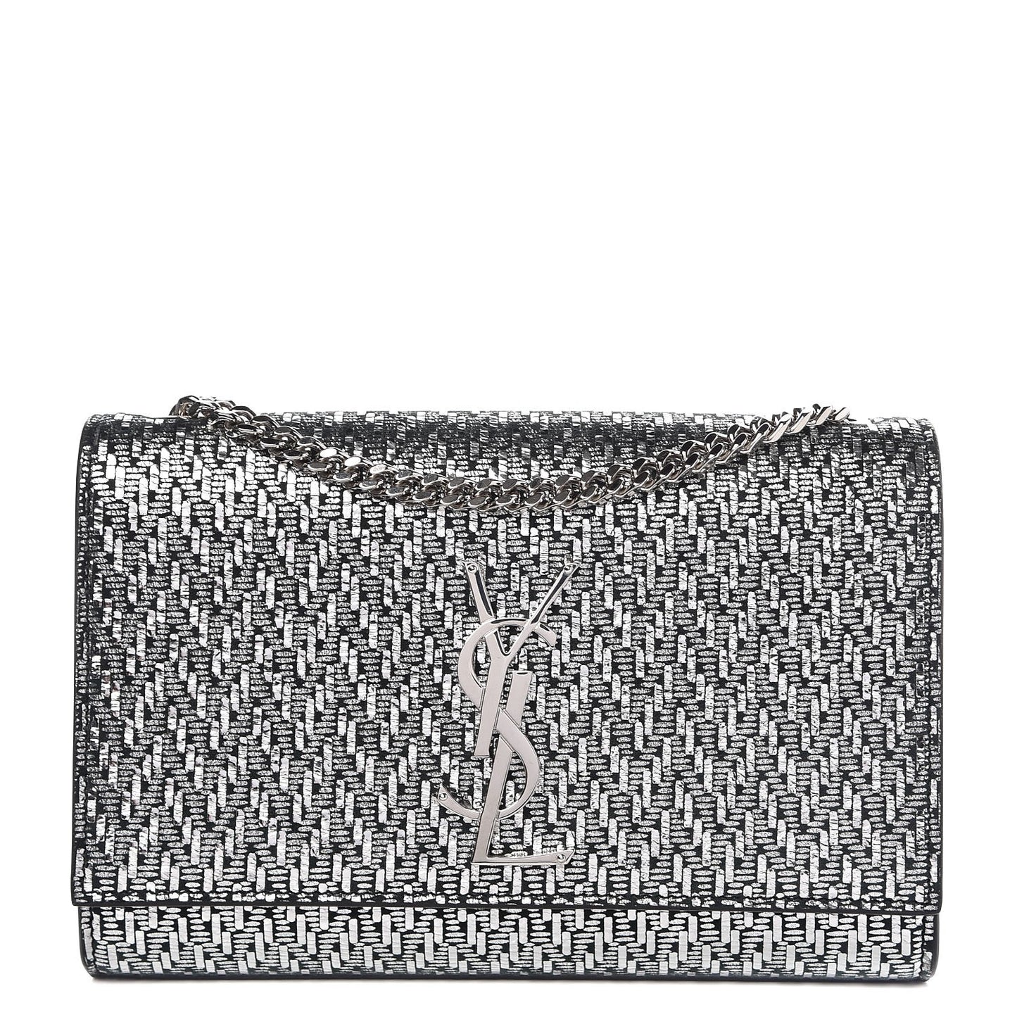 Metallic Calfskin Chevron Small Monogram Kate Satchel Black Argento