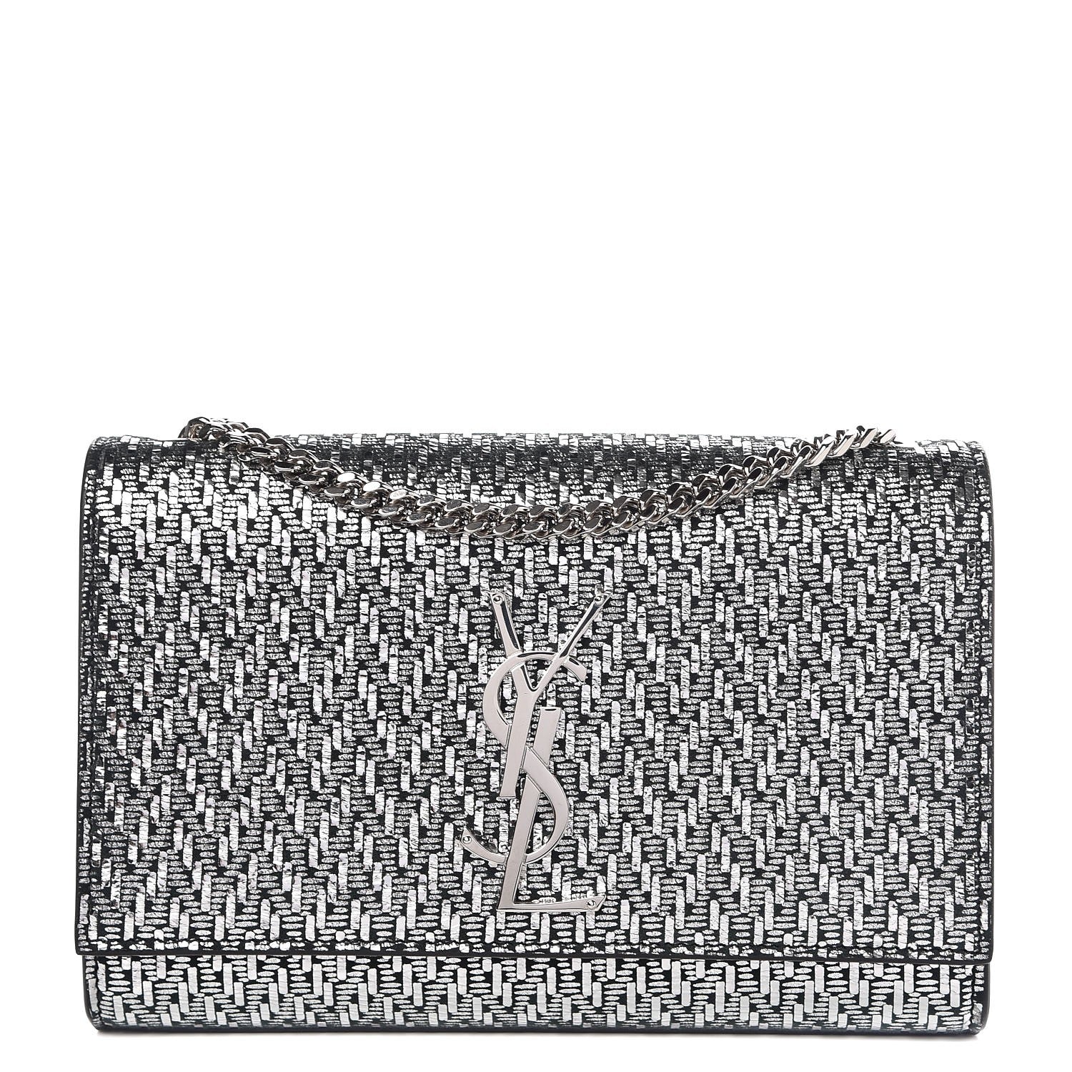Saint Laurent Metallic Calfskin Chevron Small Monogram Kate Satchel Black Argento 1 of 6