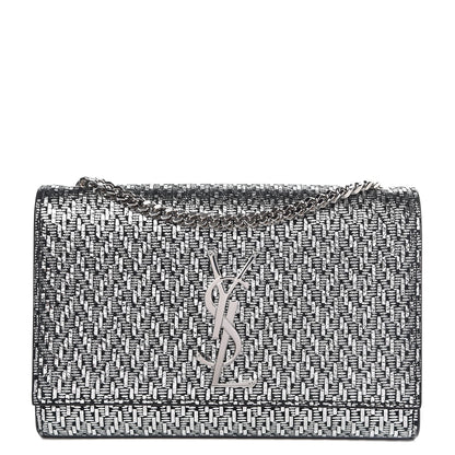 Saint Laurent Metallic Calfskin Chevron Small Monogram Kate Satchel Black Argento 1 of 6
