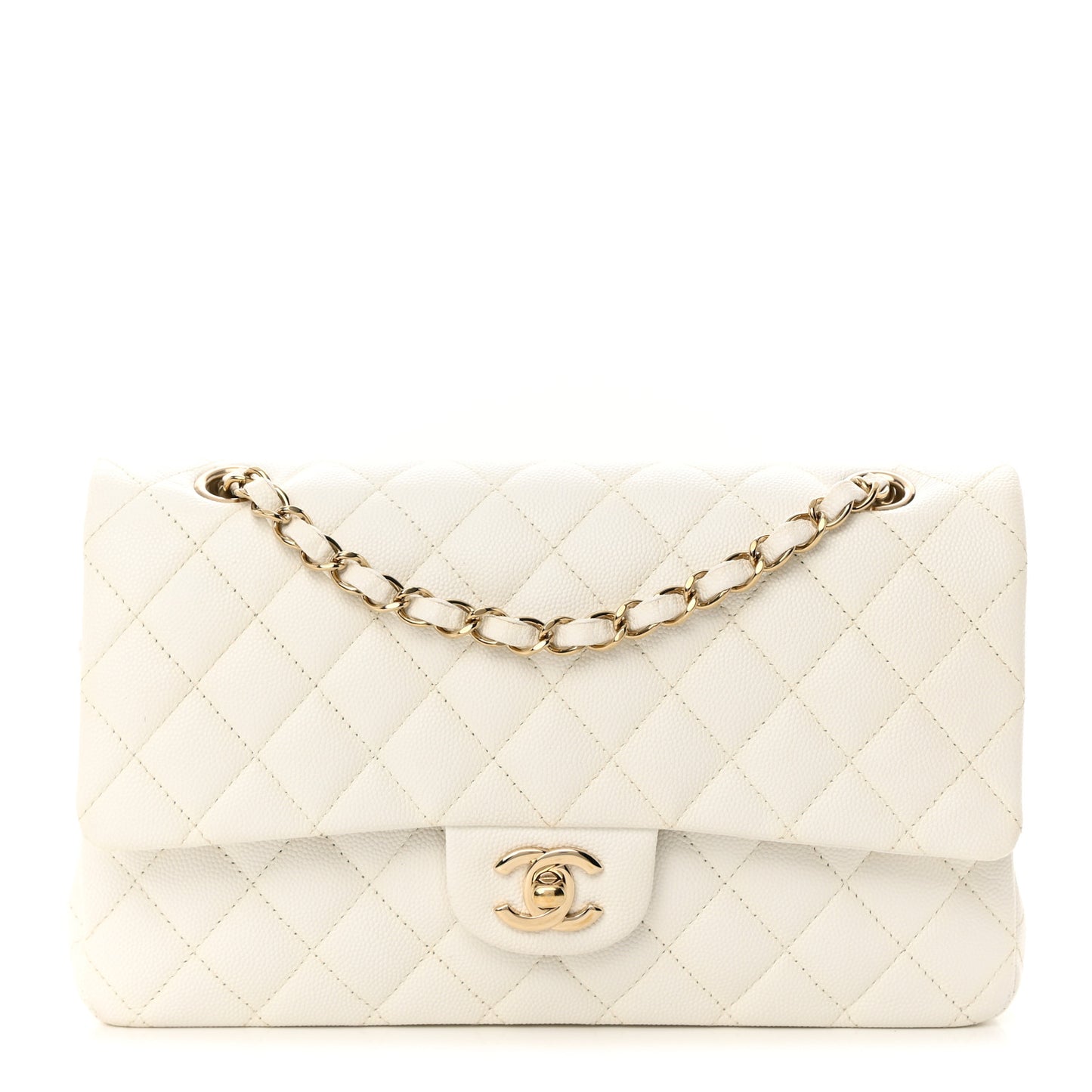 Caviar Quilted Medium Double Flap White