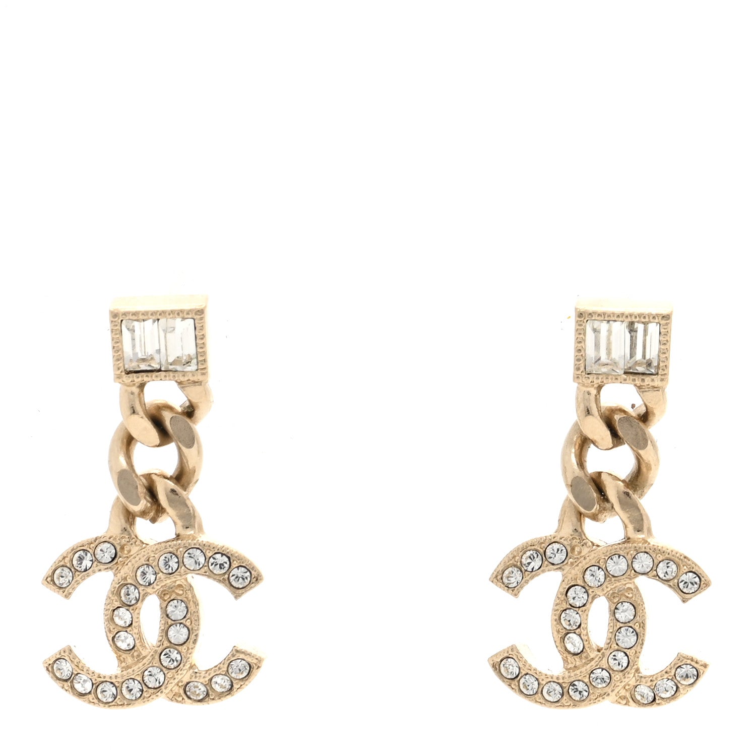 Chanel Metal Crystal Baguette CC Chain Drop Earrings Gold 1 of 5