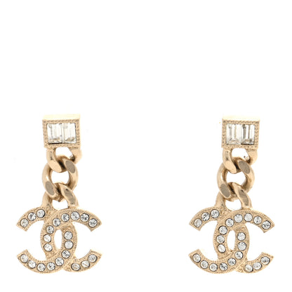 Chanel Metal Crystal Baguette CC Chain Drop Earrings Gold 1 of 5