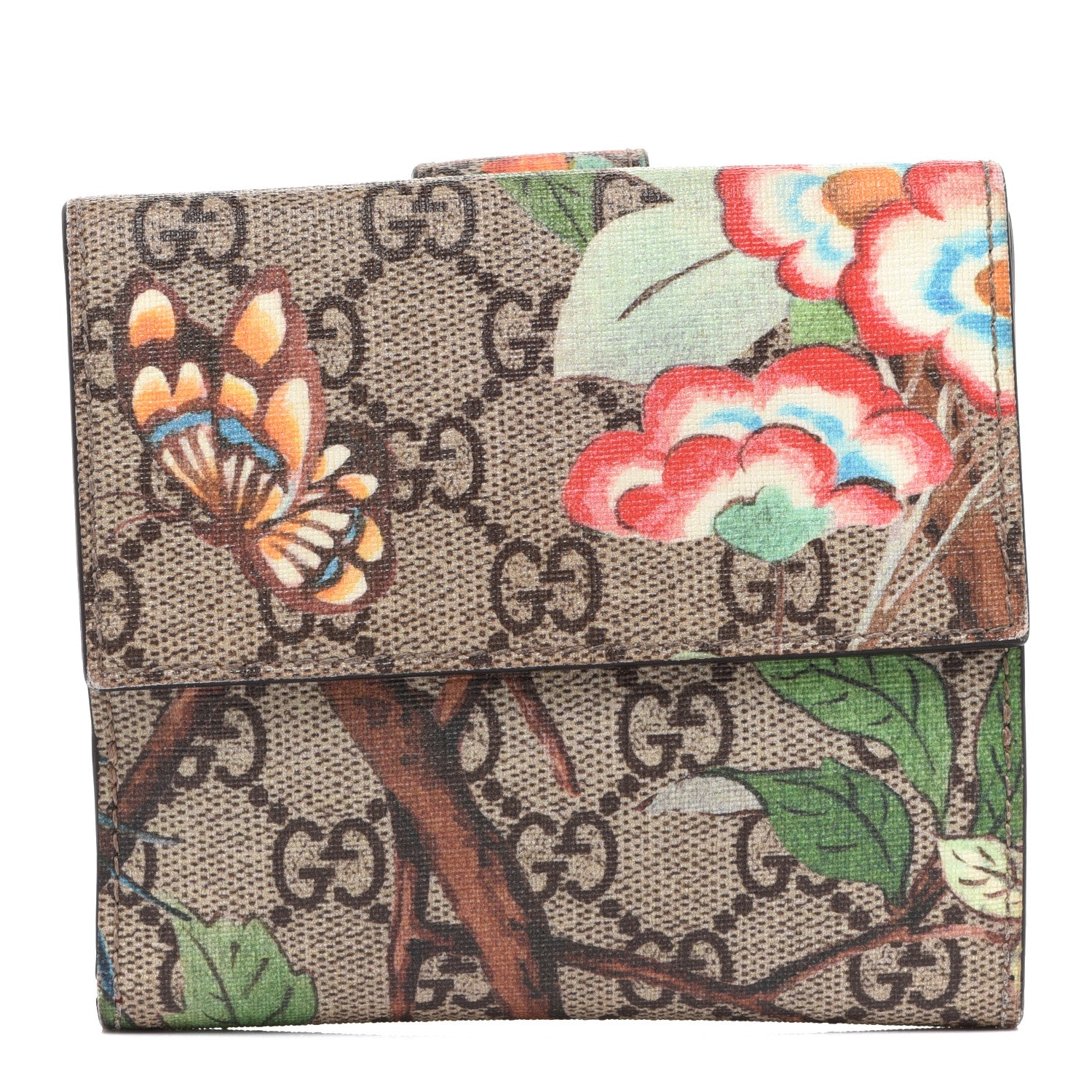 Gucci GG Supreme Monogram Tian French Flap Wallet Beige Multicolor Red 1 of 11