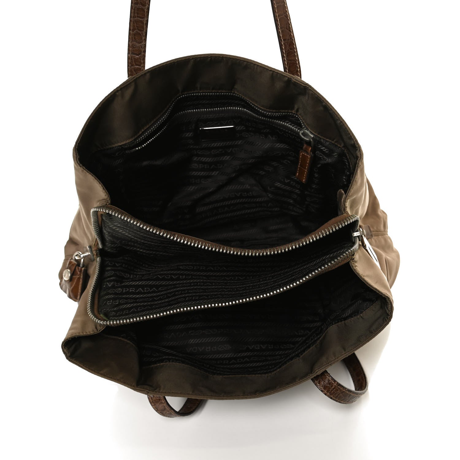 Prada Tessuto Nylon Calfskin Crocodile Embossed Tote Antilope Tabacco 5 of 10