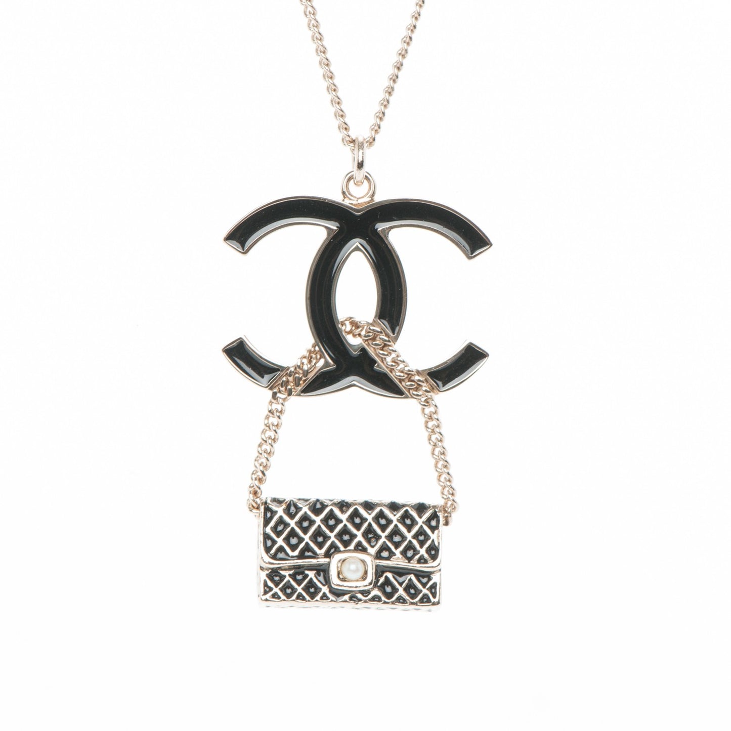Enamel Pearl CC Flap Pedant Necklace Black