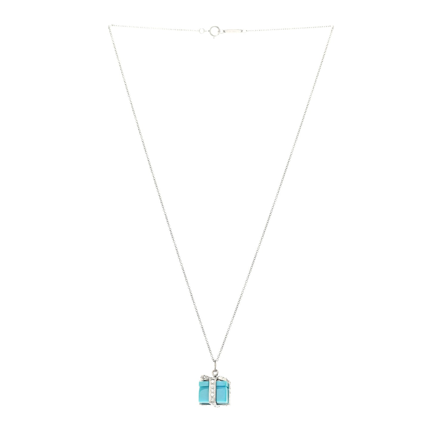 Platinum Diamond Turquoise Box Charm Pendant Necklace