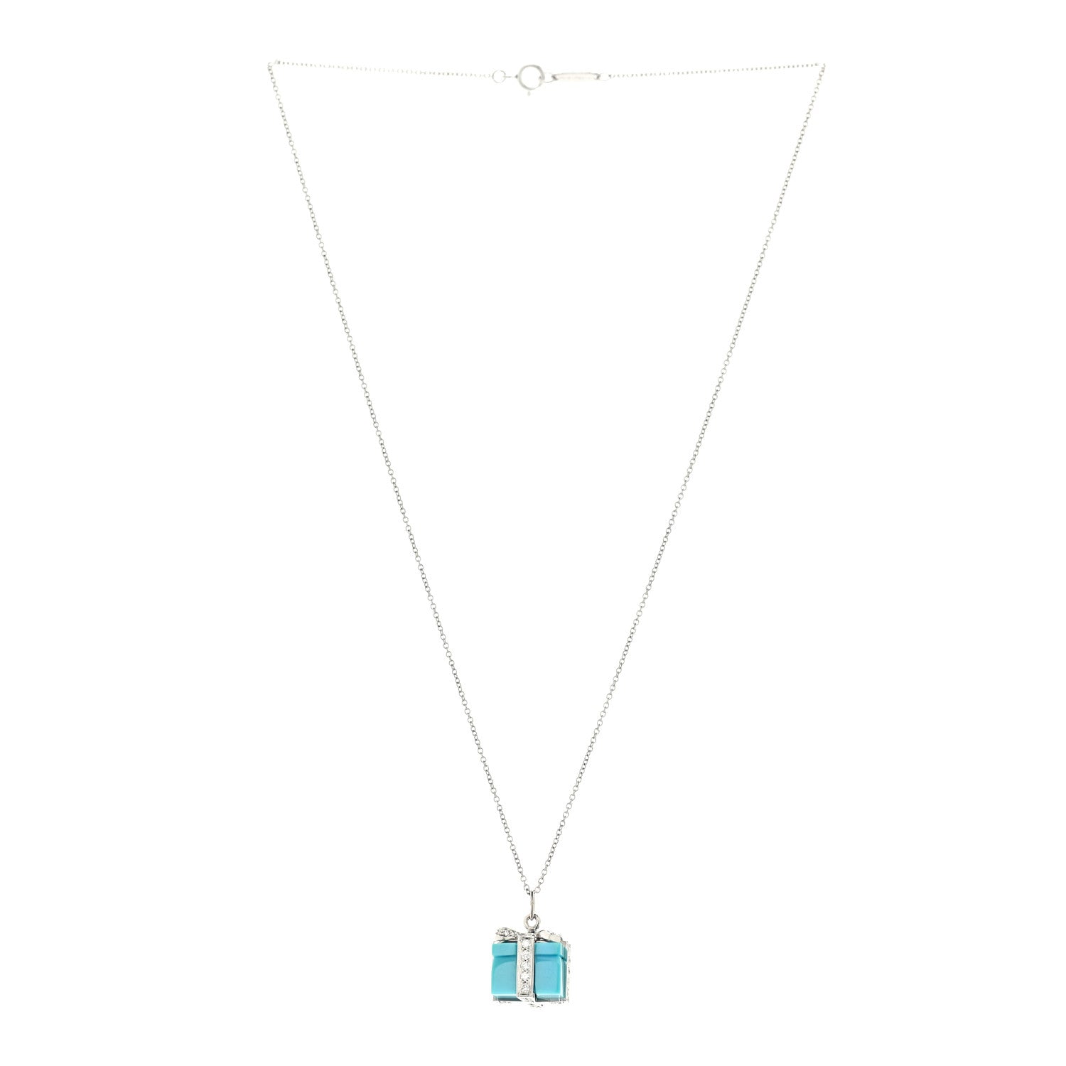 Tiffany Platinum Diamond Turquoise Box Charm Pendant Necklace 3 of 5