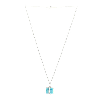 Tiffany Platinum Diamond Turquoise Box Charm Pendant Necklace 3 of 5