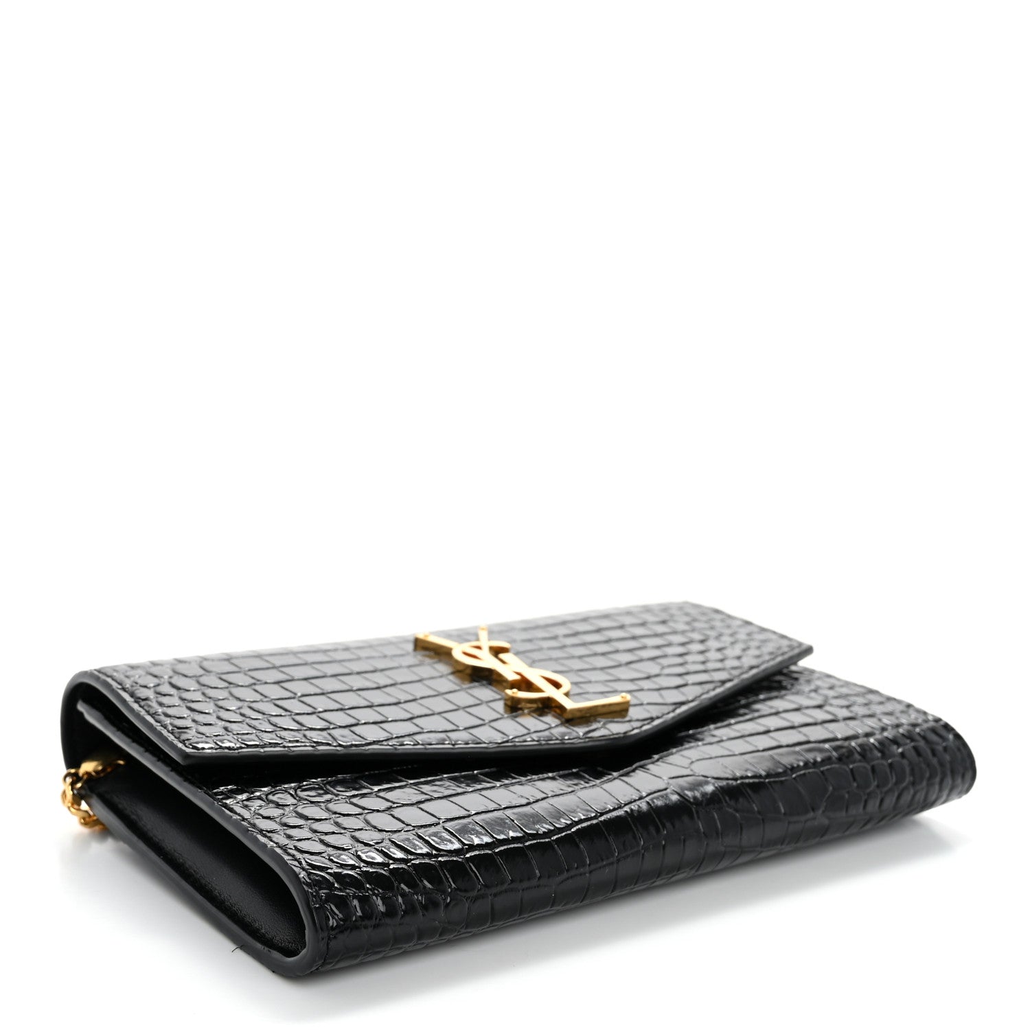 Saint Laurent Calfskin Crocodile Embossed Monogram Uptown Chain Wallet Black 5 of 16