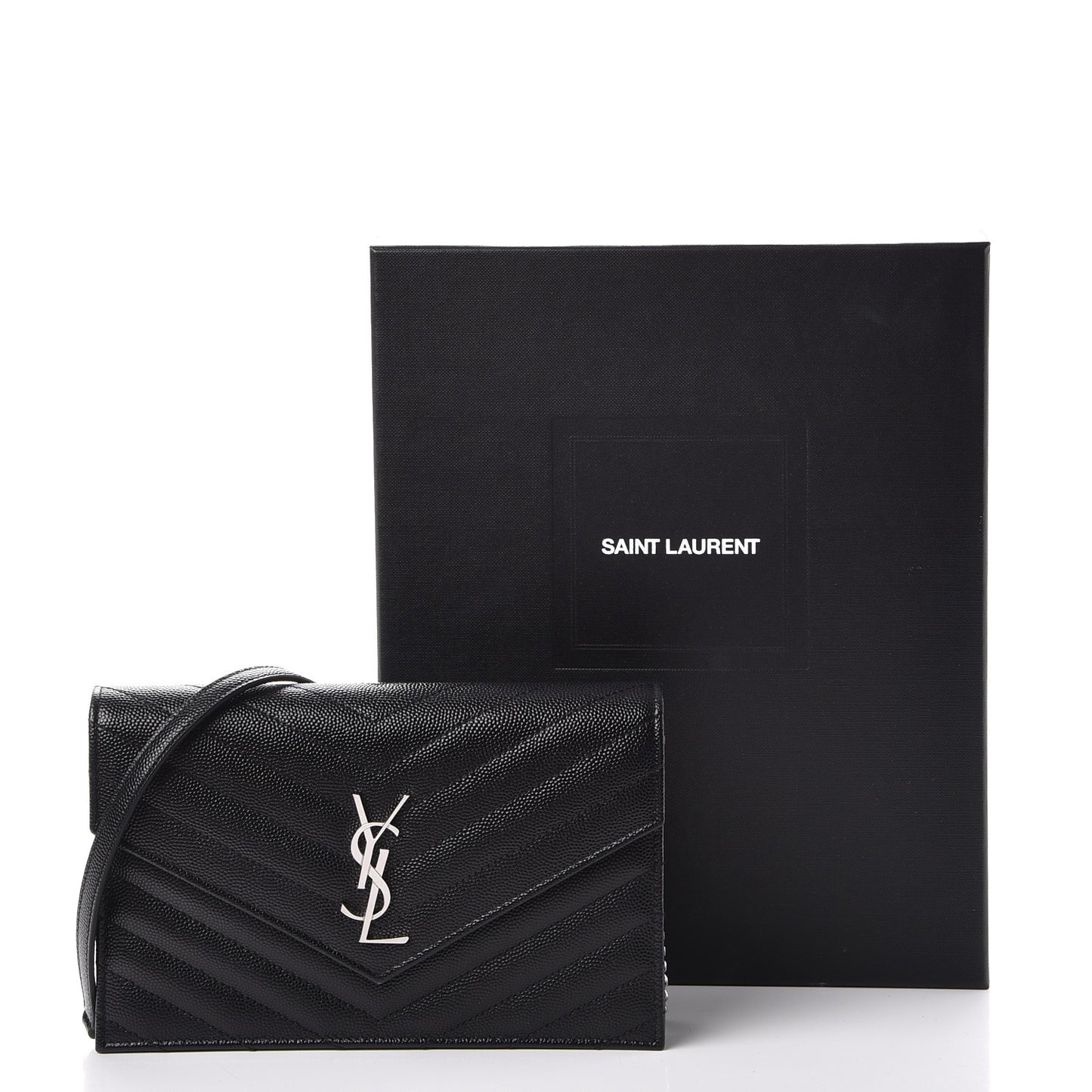 Grain De Poudre Matelasse Chevron Monogram Envelope Chain Wallet Black