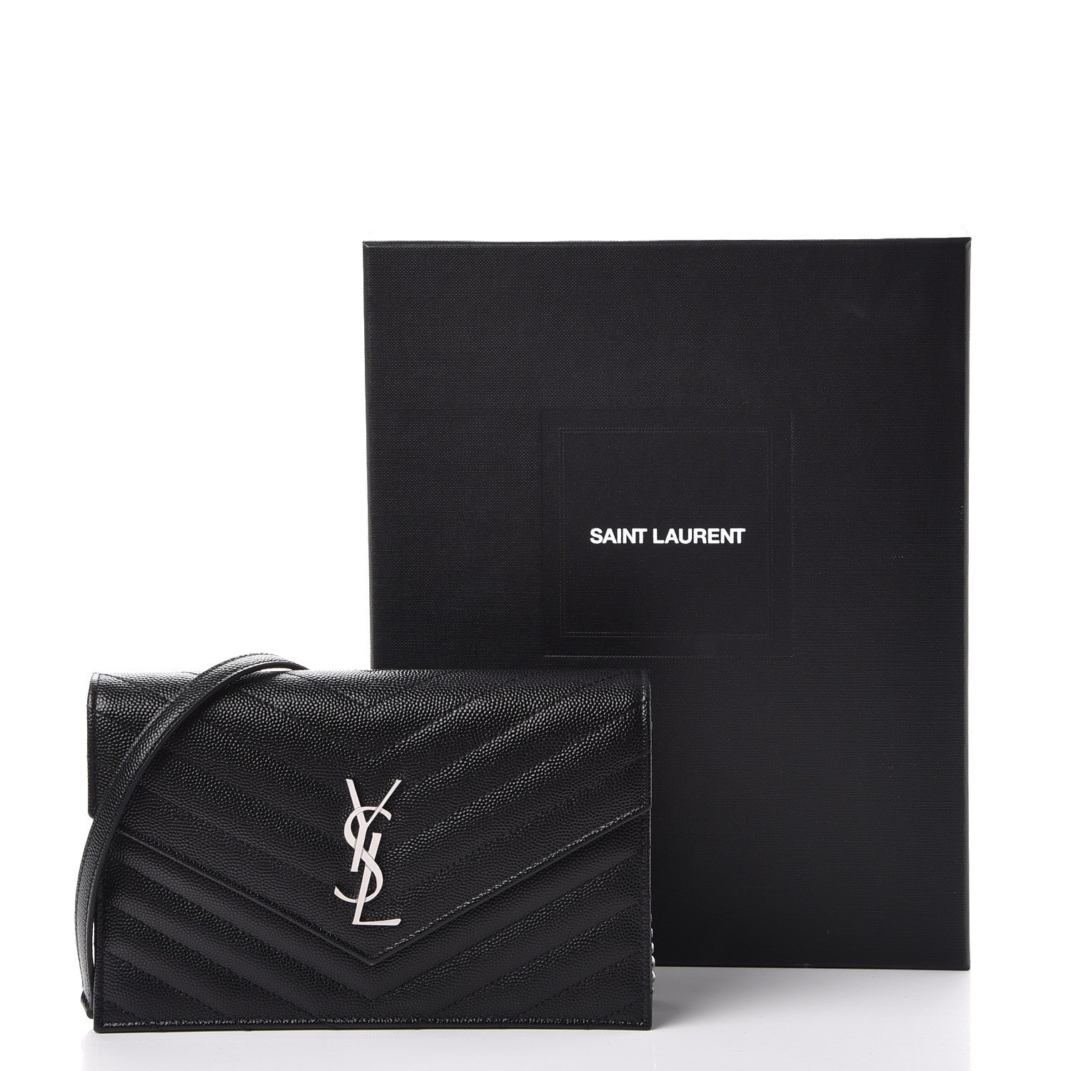 Saint Laurent Grain De Poudre Matelasse Chevron Monogram Envelope Chain Wallet Black 10 of 10