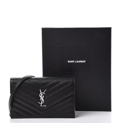 Saint Laurent Grain De Poudre Matelasse Chevron Monogram Envelope Chain Wallet Black 10 of 10