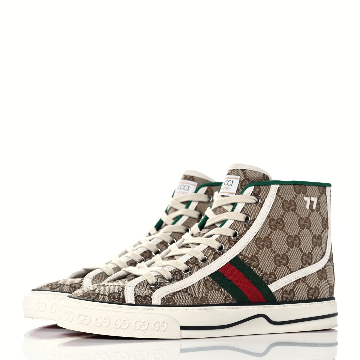 Gucci GG Monogram Web Womens 1977 Tennis High Top Sneakers 38 Beige Ebony Mystic White 3 of 8