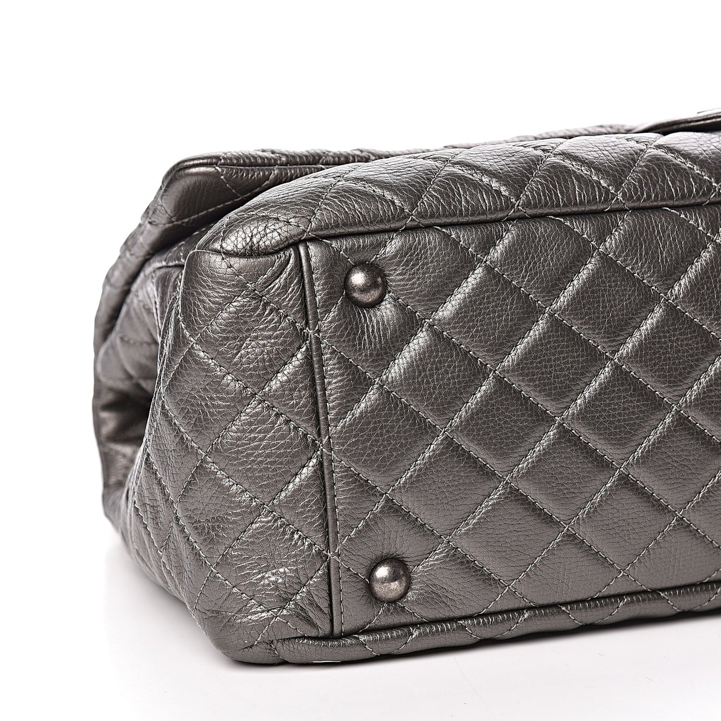 Metallic Calfskin Quilted XXL Travel Flap Bag Dark Silver