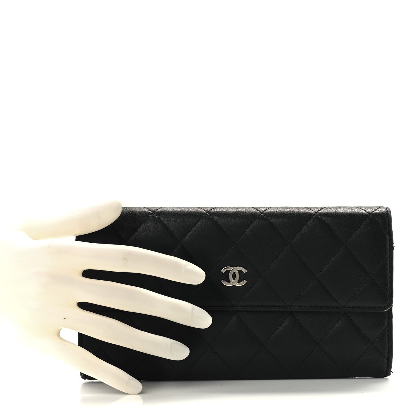 Lambskin Quilted Large Gusset Flap Wallet Black