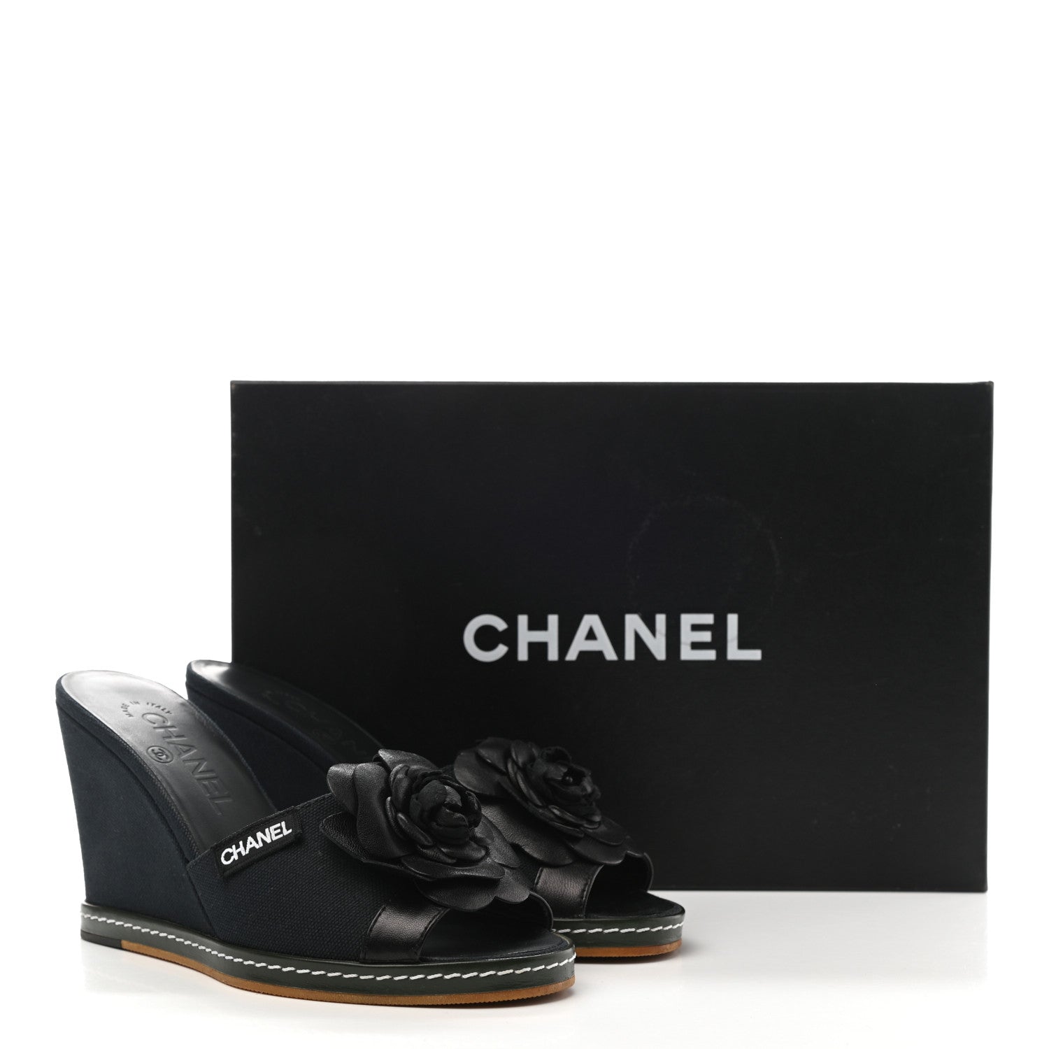 Chanel Canvas Camellia Wedge Sandals 36.5 Black 9 of 9