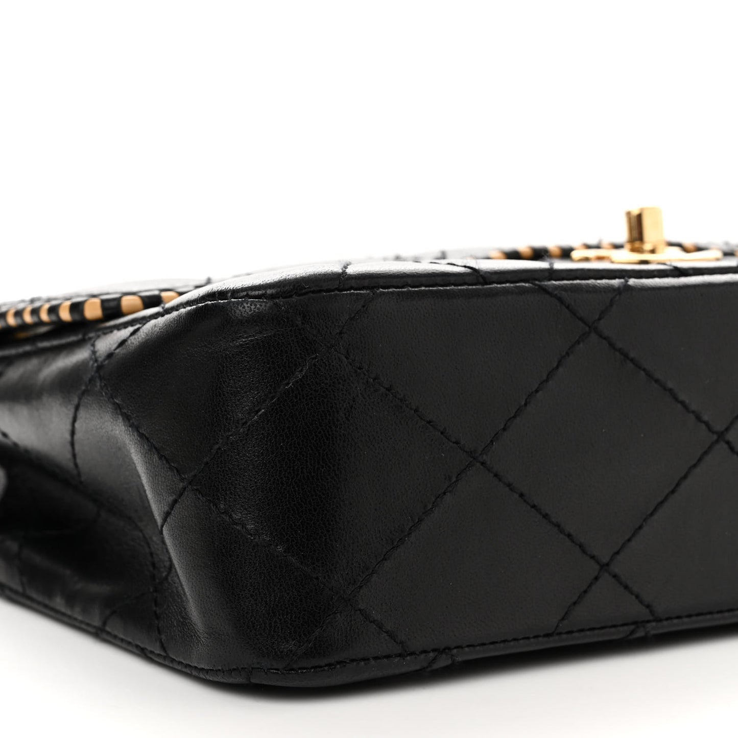 Lambskin Quilted Perforated Edge Flap Black Beige