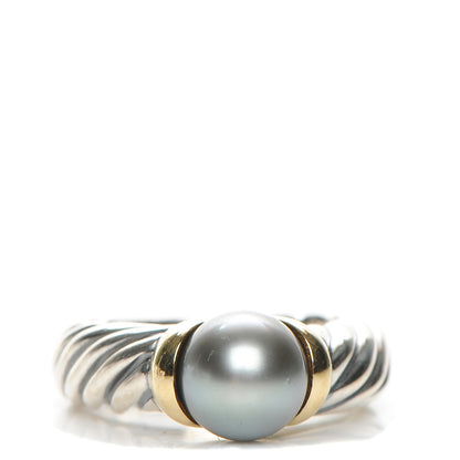 David Yurman Sterling Silver 18K Yellow Gold Tahitian Pearl 8mm Cable Ring 6 1 of 5