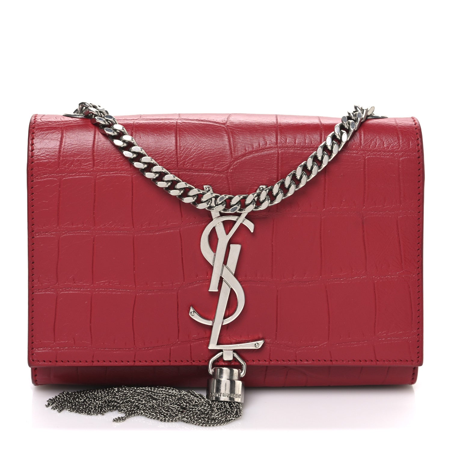 Saint Laurent Calfskin Crocodile Embossed Small Classic Monogram Kate Tassel Satchel Red 1 of 9