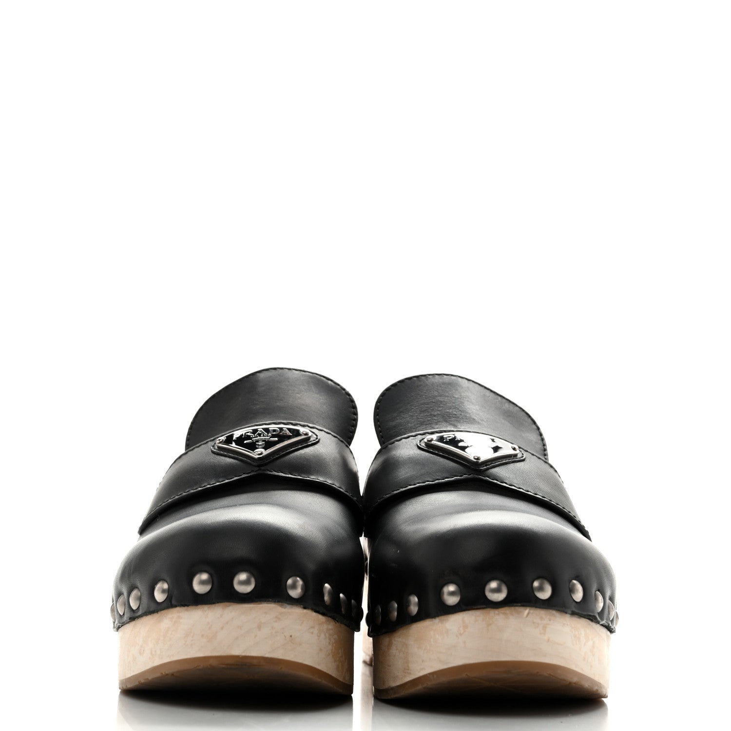 Prada Natural Calfskin Metal Triangle Logo 45mm Clogs 40 Black Sabbia 3 of 15