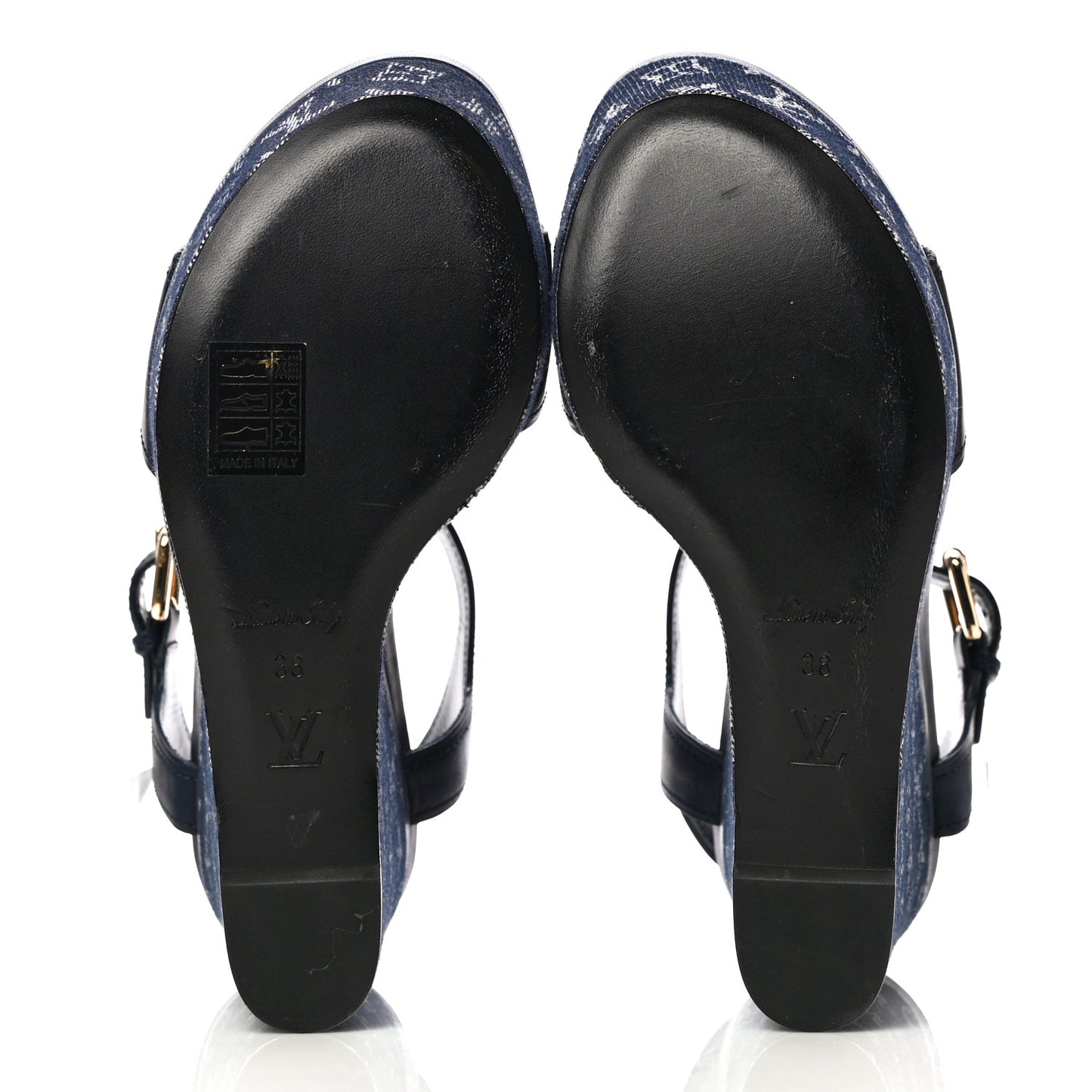 Calfskin Monogram Denim Waterfall Wedge Sandals 38 Blue