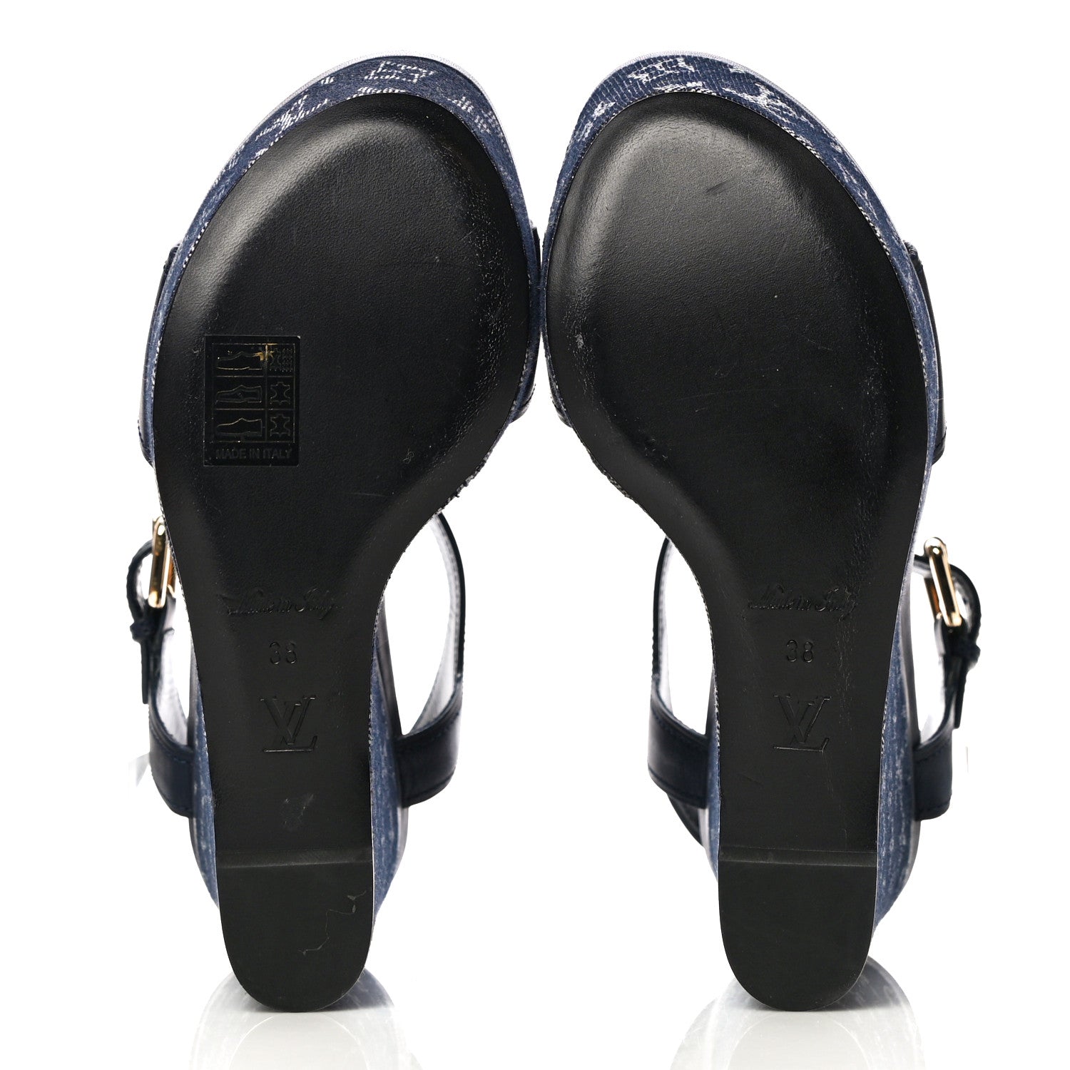 Louis Vuitton Calfskin Monogram Denim Waterfall Wedge Sandals 38 Blue 7 of 18