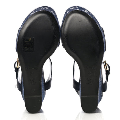 Louis Vuitton Calfskin Monogram Denim Waterfall Wedge Sandals 38 Blue 7 of 18