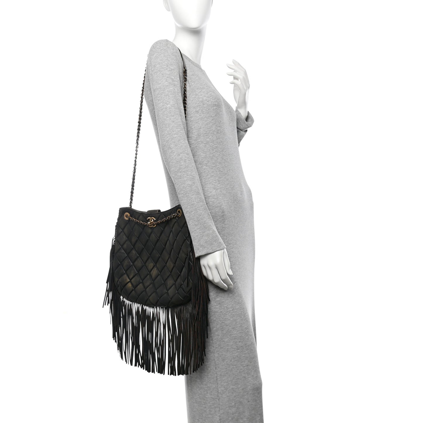 Calfskin Quilted Into The Fringe Hobo Black Gold